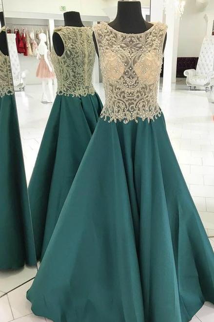 A-line Green Satin See Through Top Beading Long Prom Dress,p3005