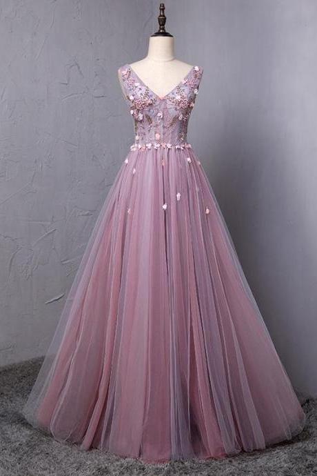 Dusty Purple V Neck A-line Tulle Long Evening Prom Dresses ,p3018