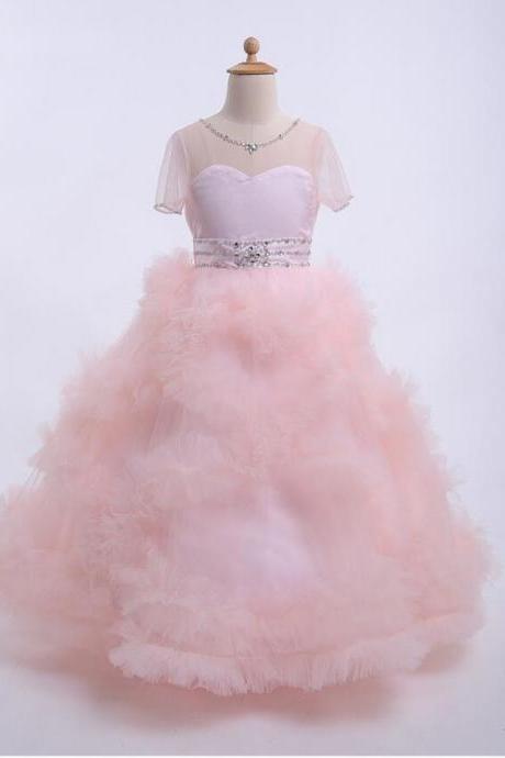 Dreamy Bridal Pink Ball Gown Flower Girl Dresses Fluffy Cloud Short Sleeves First Communion Dresses For Girls Custom Made,fg3034