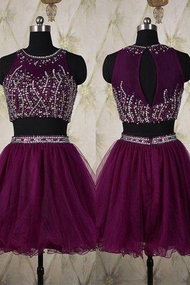 Scoop Neck Grape Tulle Short/mini Crystal Detailing Two-pieces Prom Dress,h3046