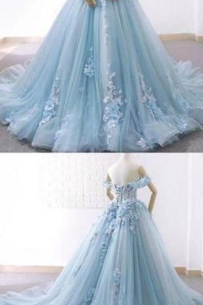 Off Shoulder Tiffany Blue Lace Beaded A-line Long Evening Prom Dresses, Sweet 16 Dresses,p3052