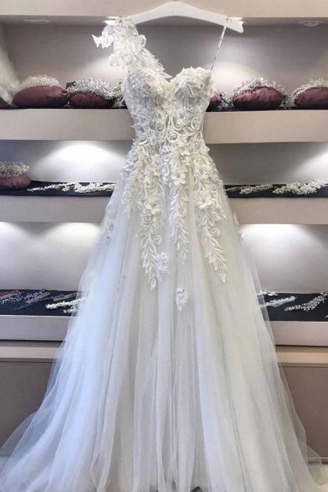 White lace V neck one shoulder long customize A-line formal dress, white tulle long prom dress,W3055