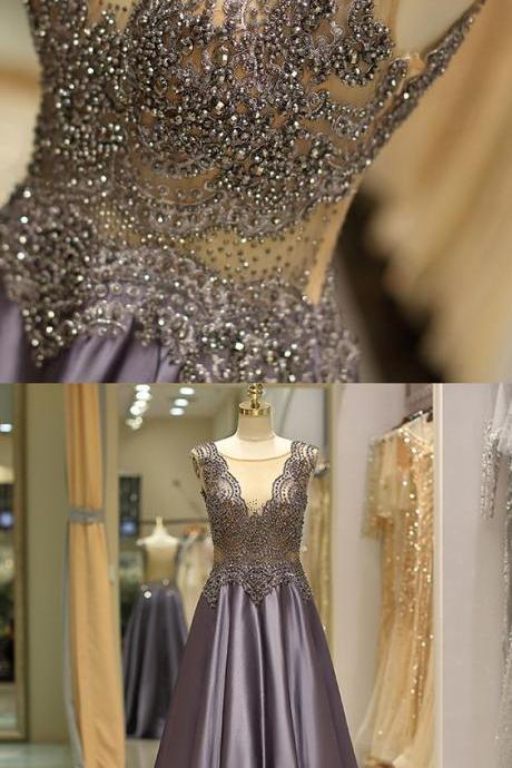 Elegant Jewel Beading Bodice Pleated Satin Evening Dress ,p3069