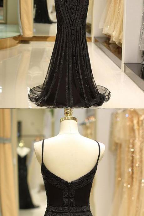Spaghetti Straps Black Beading Mermaid Style Evening Dress ,p3072