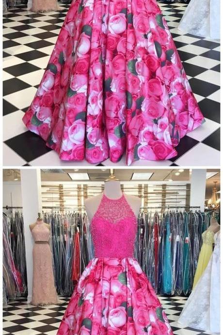 A-line Spaghetti Straps Floral Prom Dress 2018 Floor Length Long Prom Dresses Evening Dress ,p3087