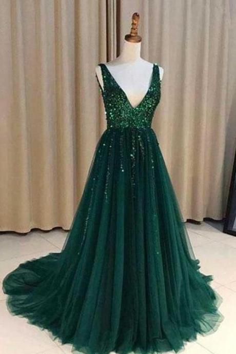 V Neck Emerald Green Tulle A line Long Custom Evening Prom Dresses, ,P3094