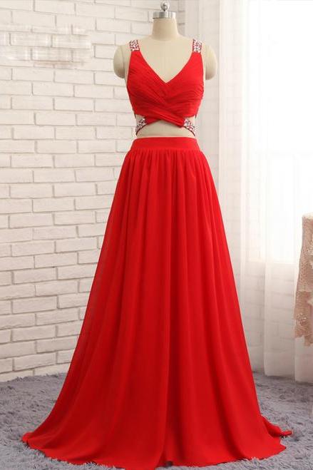 2017 Prom Dresses A-line V-neck Floor Length Chiffon Bead Two Pieces Prom Gown,P3153