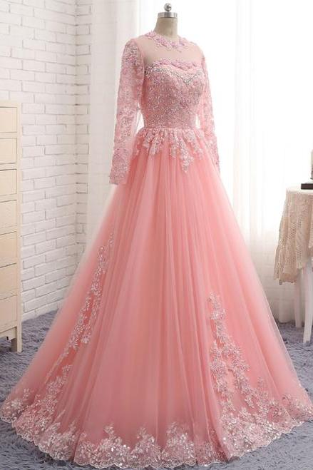 A-line Pink Tulle Lace Appliques Long Sleeve Prom Dress,p3163
