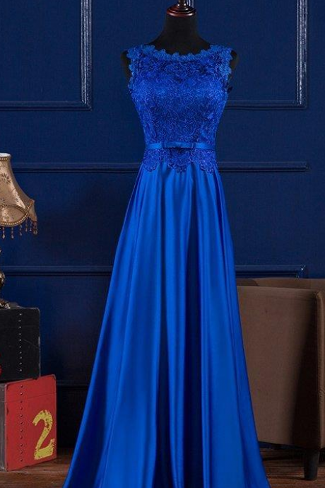 Scoop Neck Lace Satin Evening Dress, Blue Prom Dress, Floor Length Prom Dress, Long Royal Blue Prom Dress,p3199
