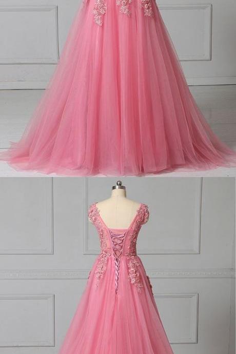 Unique Pink Tulle Scoop Neck 3d Lace Applique Evening Dress, Prom Dress,p3202