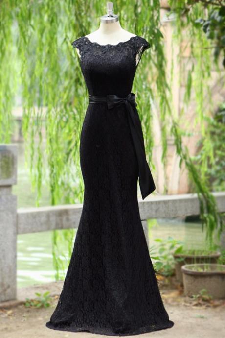 Mermaid Black Lace Scoop Neckline Ribbon Backless Evening Dresses,p3207