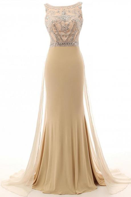 Charming Mermaid Prom Dresses,champagne Cap Sleeves Beading Long Evening Gowns ,p3238