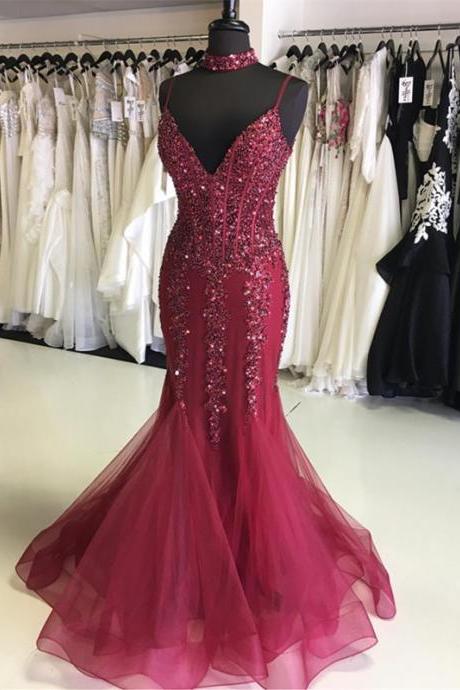 Beaded Long Mermaid Prom Dresses With Spaghetti Straps Elegant Formal Evening Gown Party Dress Senior Junior ,p3240