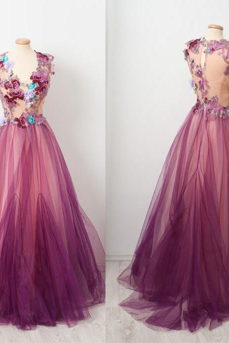 Charming Applique A-line Prom Dress, Honeast Tulle Prom Dress,p3277