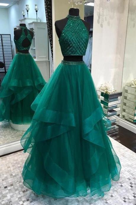 Fabulous Halter Two Pieces Green Open Back Long Prom Dresses,p3315