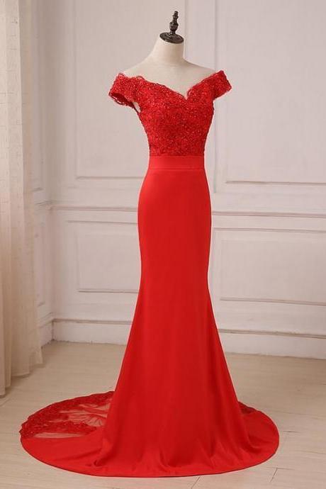Mermaid Off Shoulder Red Lace Long Prom Dresses With Lace,p3328