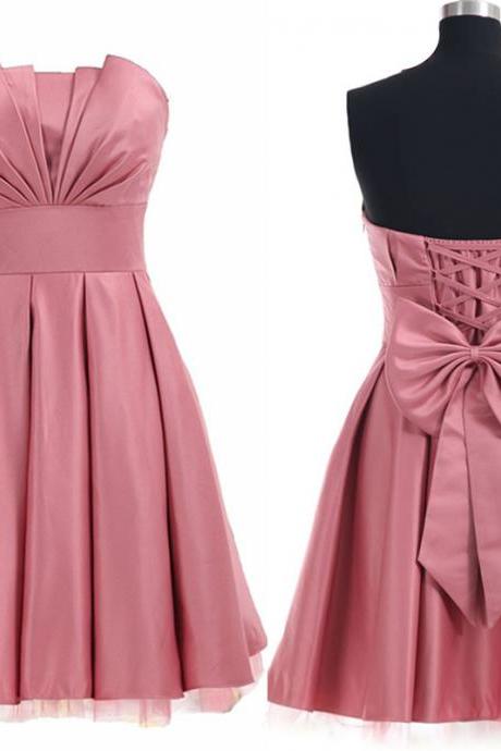 Strapless Ruched Short Homecoming Dress Featuring Lace-up Back And Bow Accent,h3340