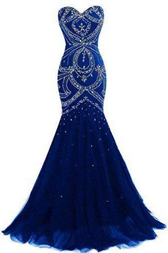 Long Mermaid Prom Dress Corset Back Tulle Royal Blue Evening Gowns With Beads,p3342