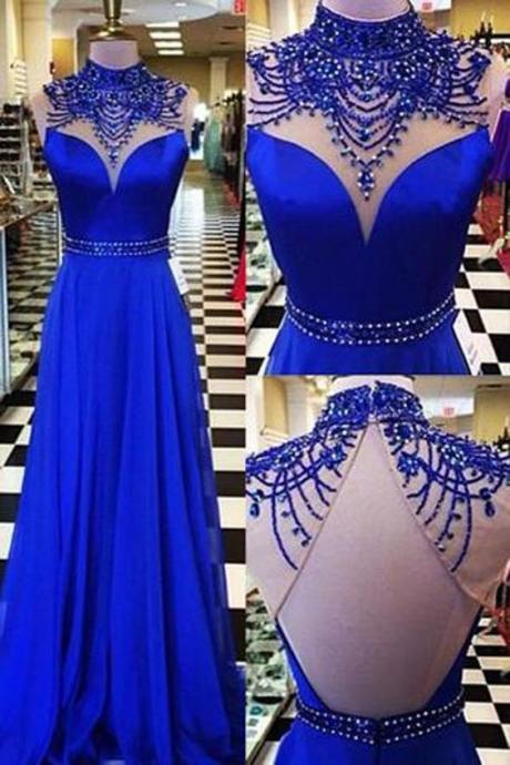 Royal Blue High Neck Long Prom Dress Evening Dresses Formal Dress With Beading,p3562