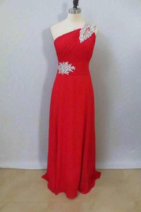 One Shoulder Long Red Chiffon Prom Dresses Crystals Floor Length Women Dresses,p3577