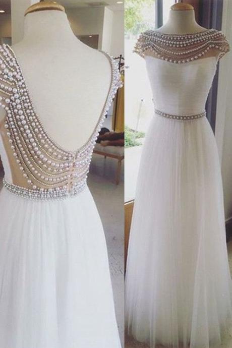 Customized Enticing White Prom Dresses Cap Sleeves White Beading Backless Prom Dresses Evening Dresses,p3586