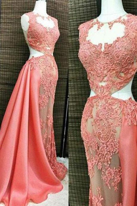 Coral Lace Beaded See Through Long A-line Satin Long Prom Dresses, P3613