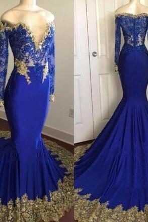 Gorgeous Royal Blue Mermaid Prom Dresses with Gold Appliques Sheer Off Shoulders Illusion Long Sleeves Beaded Crystal Evening Gowns,P3645