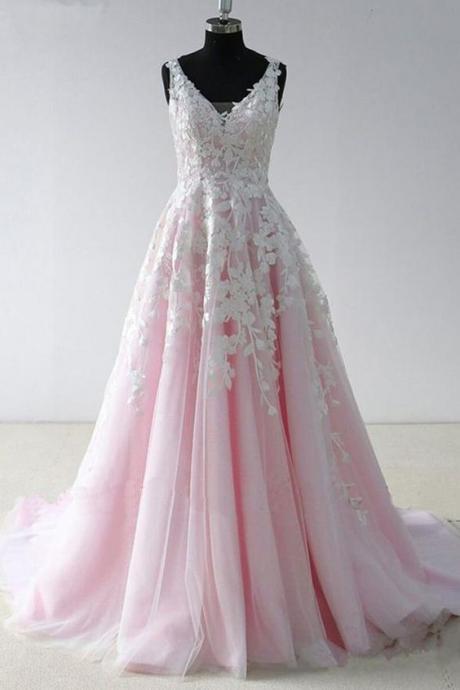 A Line Princess Lace V Neck Open Back Pink Wedding Prom Dresses Formal Dress,p3661
