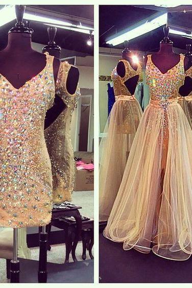 Gold Sparkle 2 Pieces Heavy Beaded Open Back Long Prom Dresses,P3670