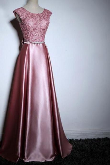 Elegant Dusty Lace Satin With Bow Knot V-back Sleeveless A-line Prom Dresses,p3803