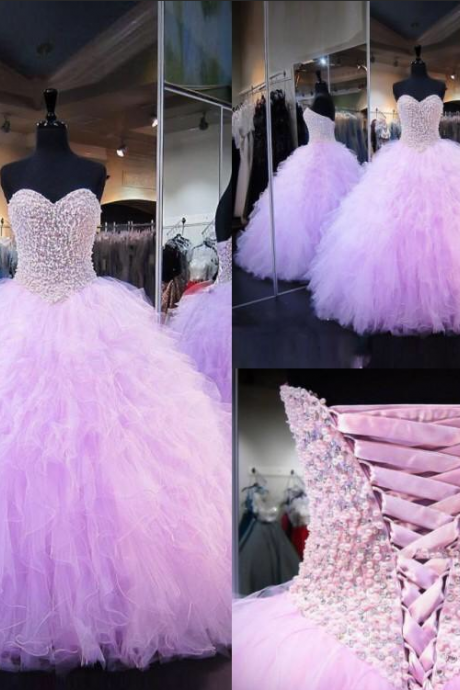 Sweetheart Ball Gown,pink Prom Dresses With Beads,tulle Sweet 16 Dresses,quinceanera Dress,p3809