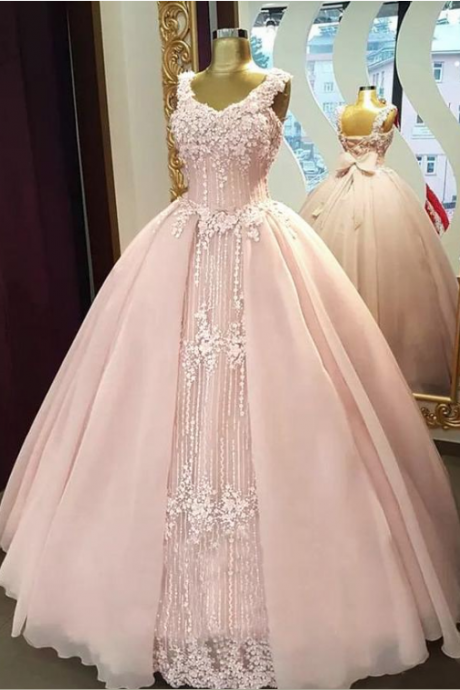 Fabulous Tulle & Organza V-neck Neckline Floor-length Ball Gown Quinceanera Dresses With Beaded Lace Appliques & Handmade Flowers & Bowknot,P3801