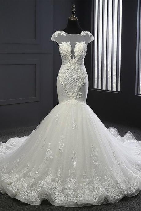 Glamorous Wedding Dresses Mermaid Wedding Dress Appliques Scoop Neck,w3815
