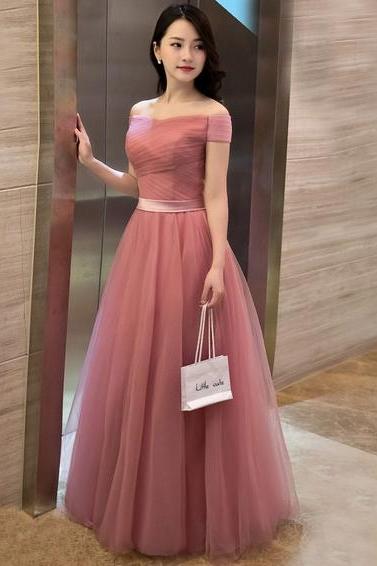 Elegant pink evening gowns,sexy ball gowns, custom made prom,new fashion,A line off shoulder tulle long prom dress, evening dress,P3848