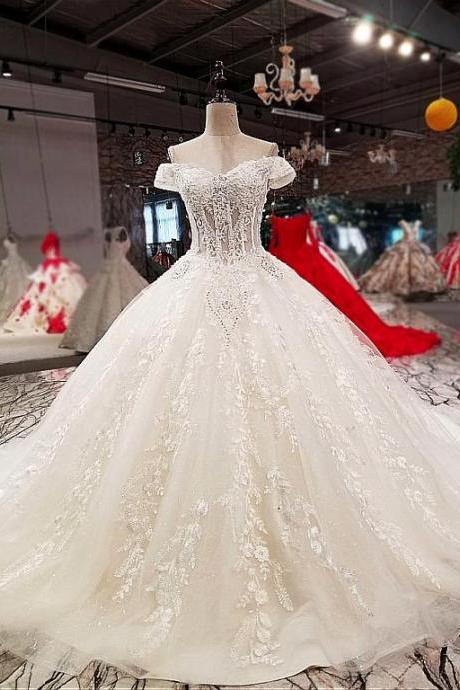 Attractive Tulle Off-the-shoulder Neckline Ball Gown Wedding Dress With Lace Appliques & Beadings,W3864