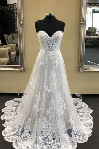 2019 White Sweetheart Neck Long A-line Beaded Wedding Dress, Lace Prom Dress,w3885