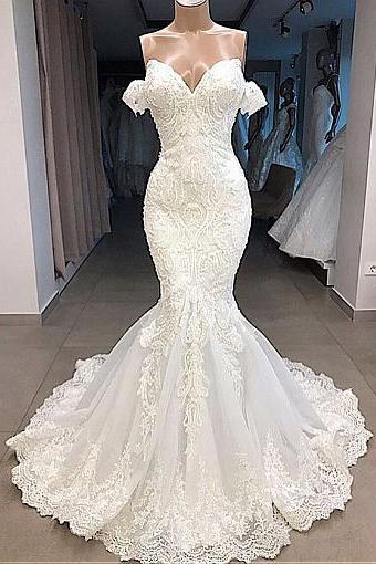 Gorgeous Tulle Off-the-shoulder Neckline Mermaid Wedding Dresses With Beaded Lace Appliques,w3908