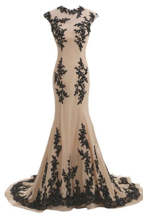 Elegant Jewel Black Appliques Champagne Mermaid Evening Dresses Prom Gowns,p3911