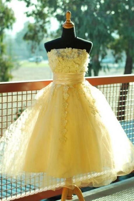 Tulle Homecoming Dress,yelllow Homecoming Dress,strapless Homecoming Dress,short Prom Dress,flower Prom Dresses,yellow Sweet 16 Dress,h3915