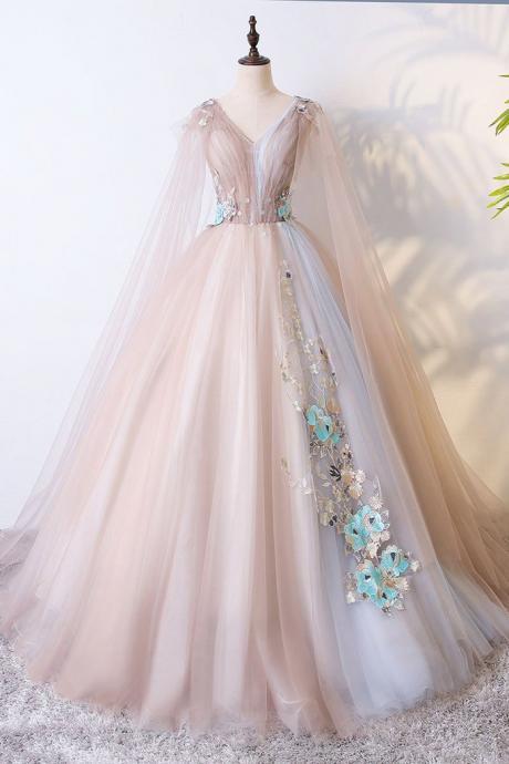 Champagne Tulle V Neck Long Evening Dress, Long Lace Appliqués Senior Prom Dress,p3925