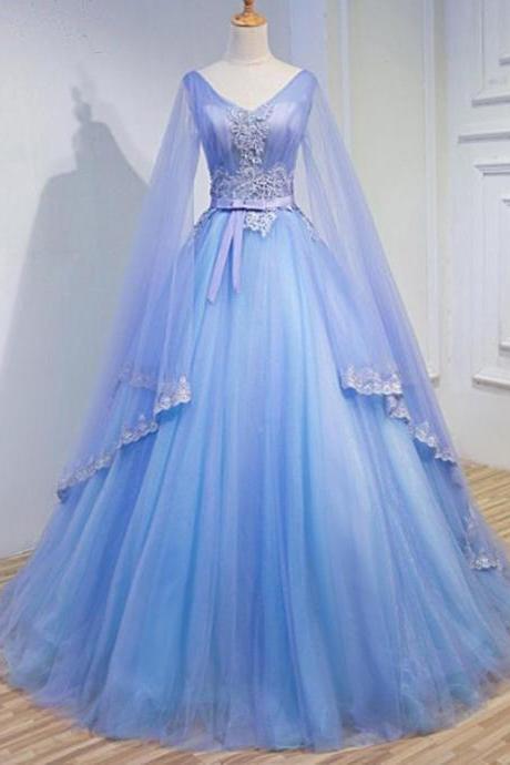 Light Blue Tulle V Neck Long Sleeve Lace Applique Prom Dress For Teen,p3926