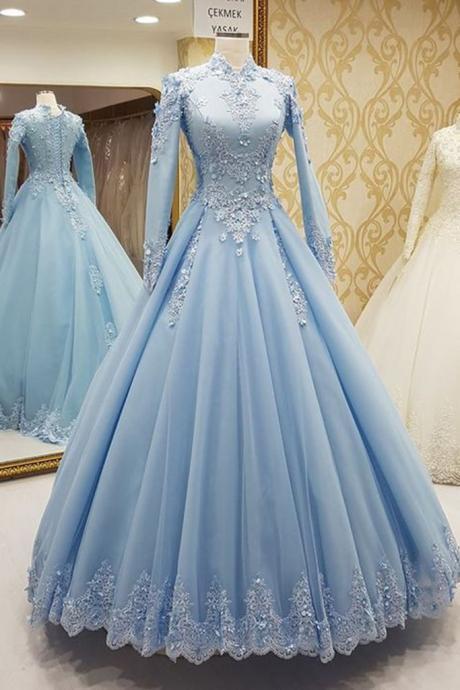 Blue Tulle High Neck Customize Formal Evening Dress With Long Sleeves,p3951