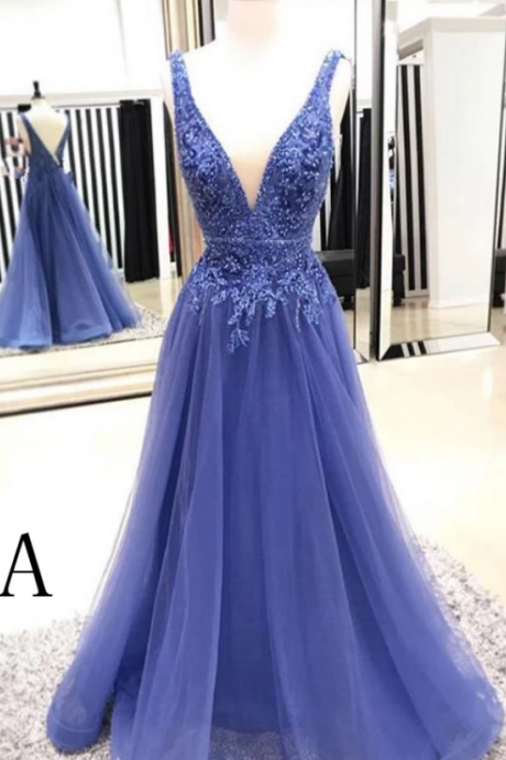 Simple V Back Sleeveless Lace Appliques Tulle Long Prom Dress,p4013