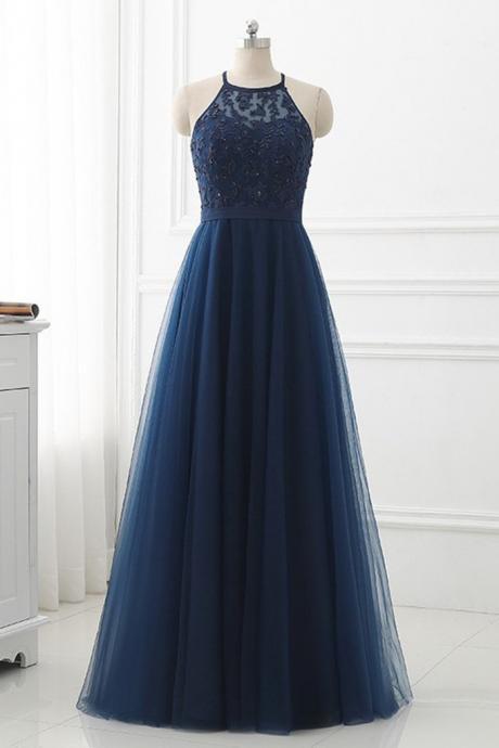 Navy Blue Lace Strapless Long Prom Dress, Tulle Bridesmaid Dress,P4045