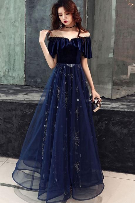Dark blue tulle lace long prom dress, blue evening dress ,P4084