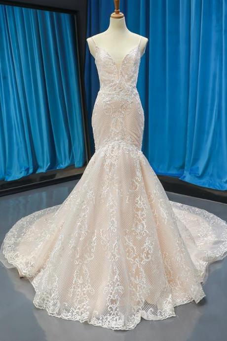 Champagne Mermaid Tulle Lace Spaghetti Straps Wedding Dress,w4090