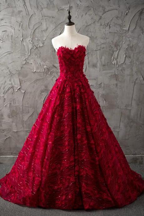 Burgundy Sweetheart Ball Gown Lace Up Floor Length Wedding Dress,w4100