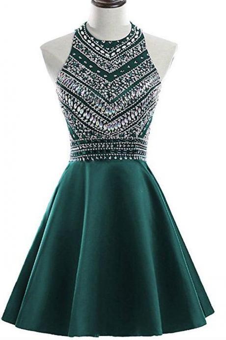 A-line Green Satin Crystal Short Homecoming Dress,h4106
