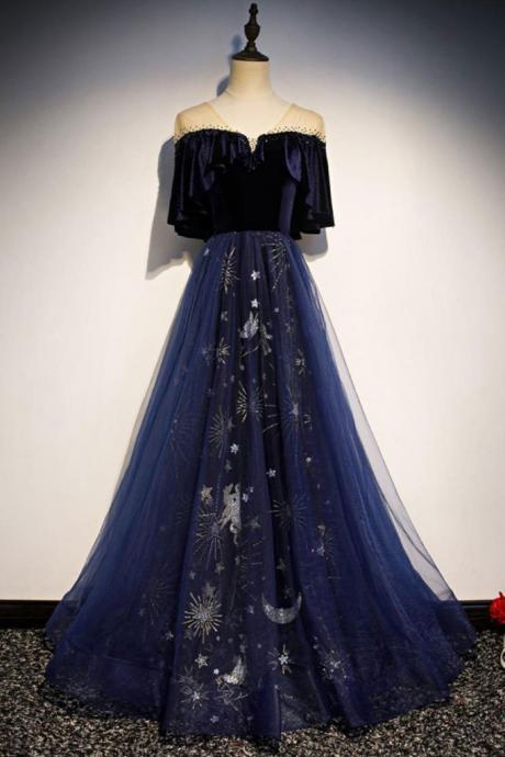 Blue Floral Print Tulle Long Satin V Neck Beaded Prom Dress, Formal Dress,p4152