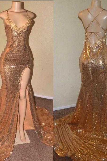 Sexy Gold Sequin Spaghetti-Straps Slit Prom Dresses,p3926